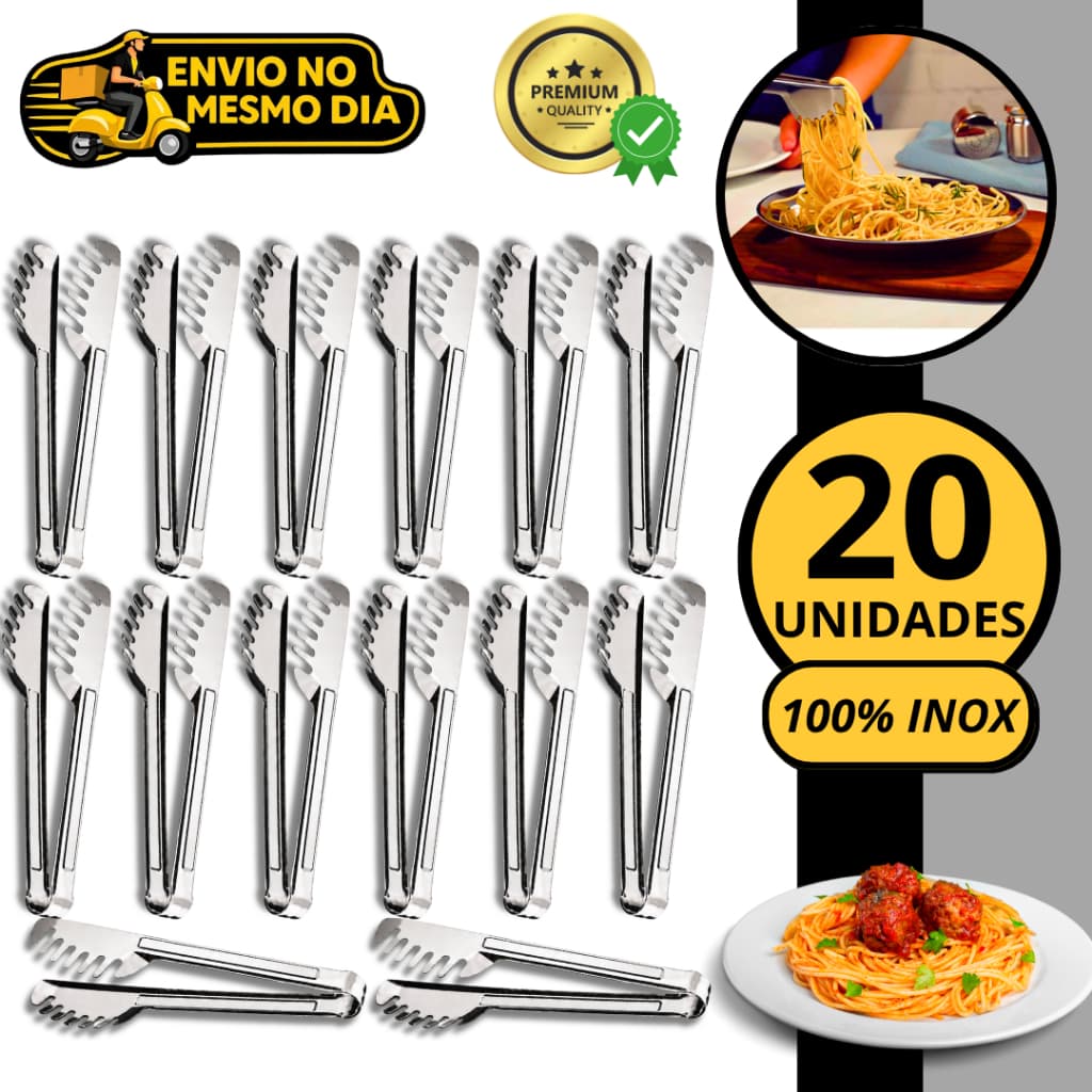 KIT 10 20 Pegador de Massas Alimentos 20cm 100% Aço Inox Pinça Multiuso para Massa Macarrão Salada Churrasco Cozinha