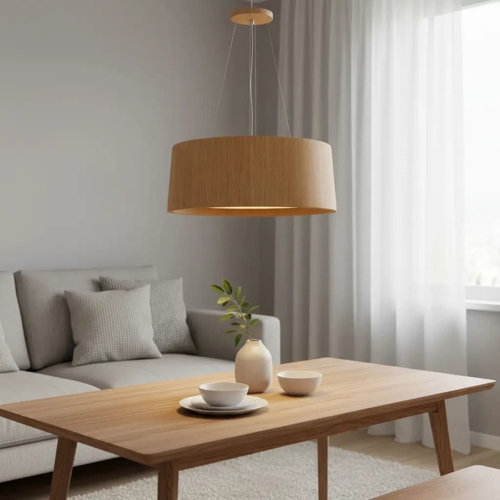 Pendente Redondo 60cm Luminária Teto Madeira Moderna 5 Luzes Soquete E27 Sala Jantar Cozinha Quarto