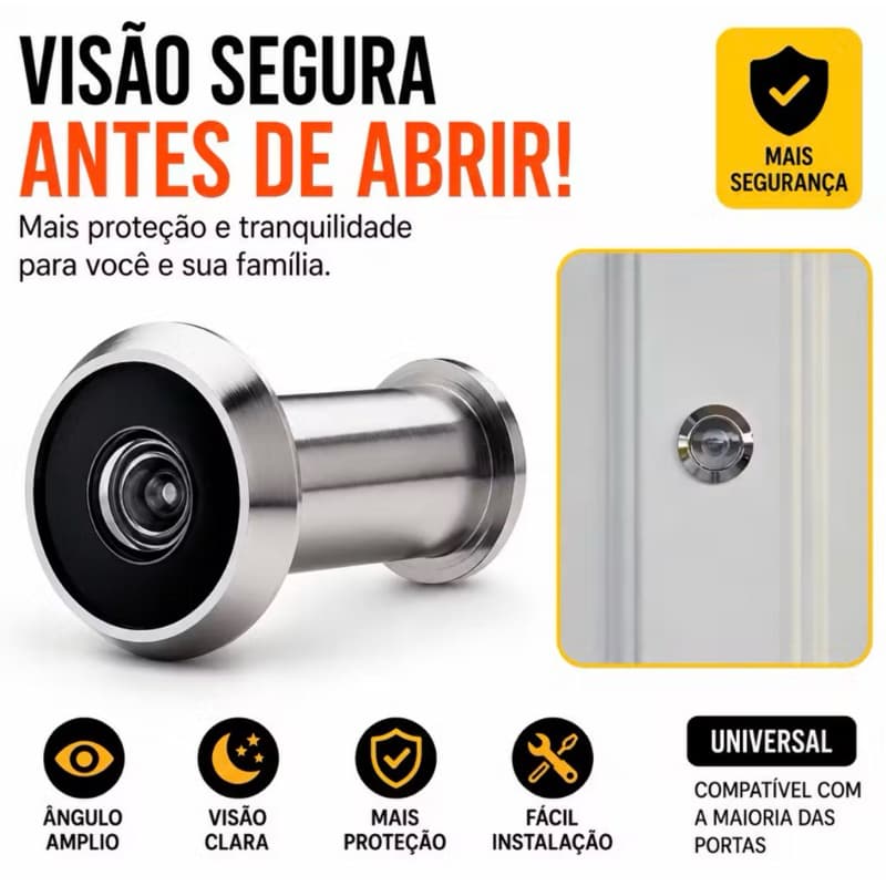 Olho Mágico para Porta 35 a 60mm Visor 200° Aço Inox Cromado Segurança Residencial