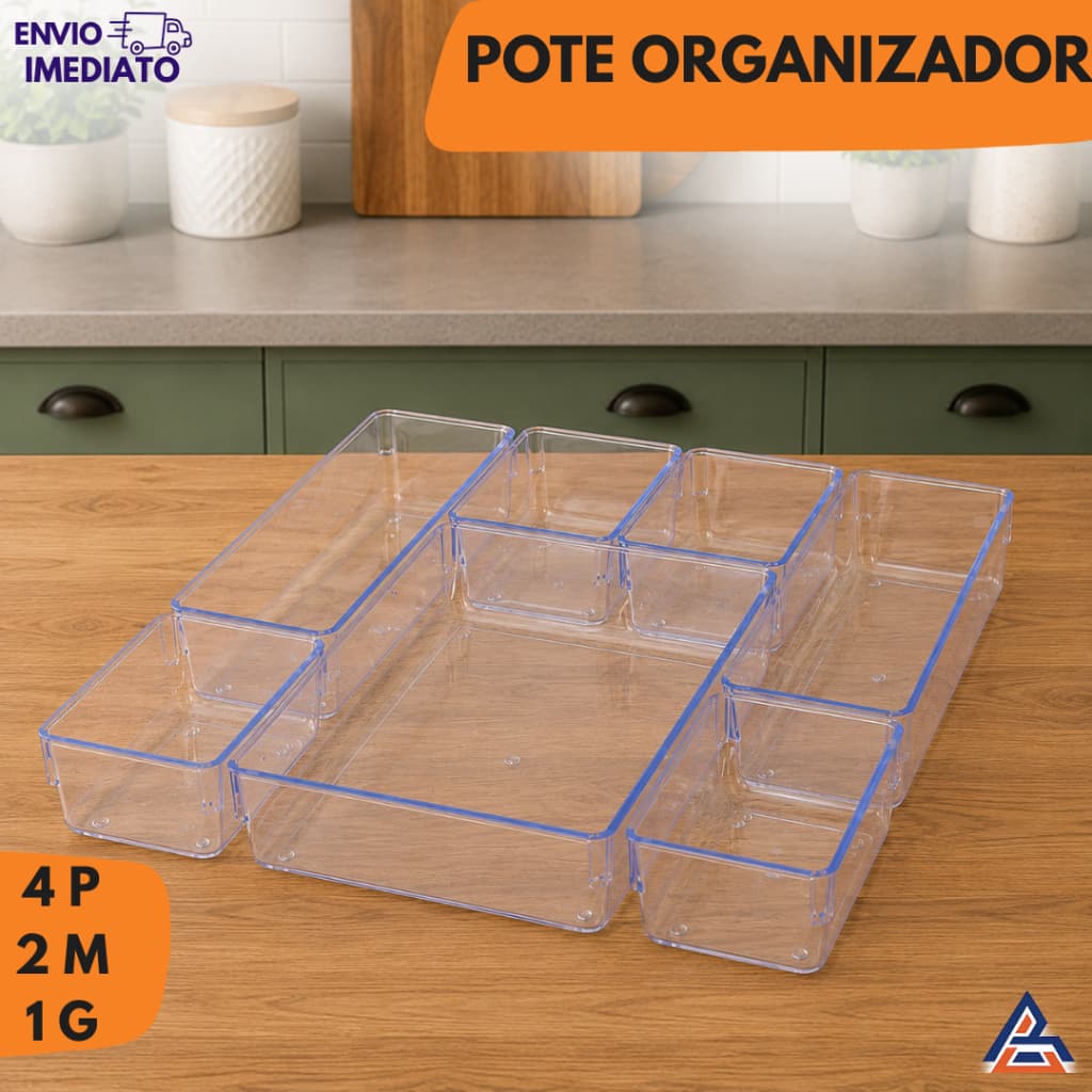 Kit 7 Organizadores Multiuso para Gavetas Armários Geladeiras Pote Acrílico Cristal Premium