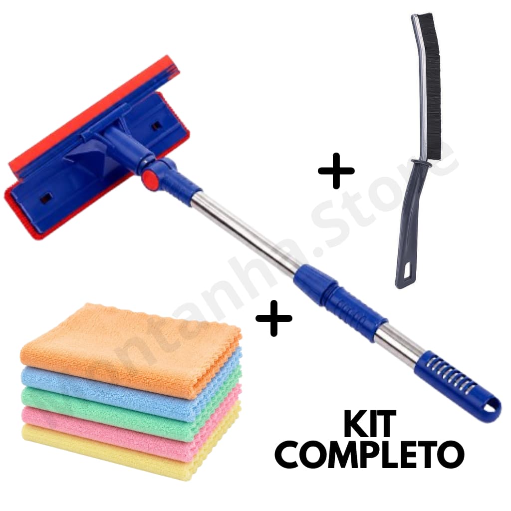 KIT Rodo Limpa Vidro 2 em 1 Mágico + 5 Pano Microfibra Alta Absorção+ 1 Escova Limpa Canto Multiuso