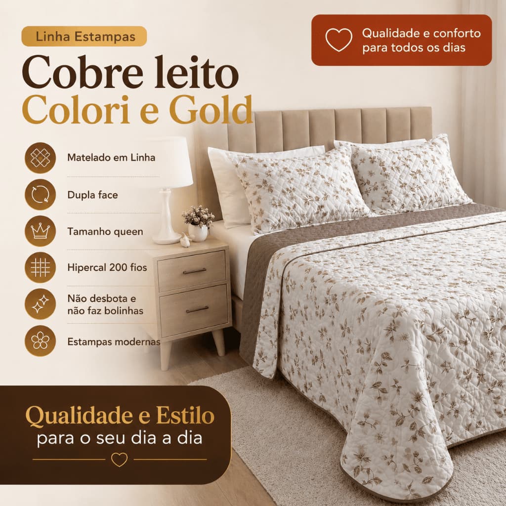 Kit Cobre Leito Queen Colori ou Gold 3 Peças Percal 2,60m x 2,40m 200 Fios Dupla Face