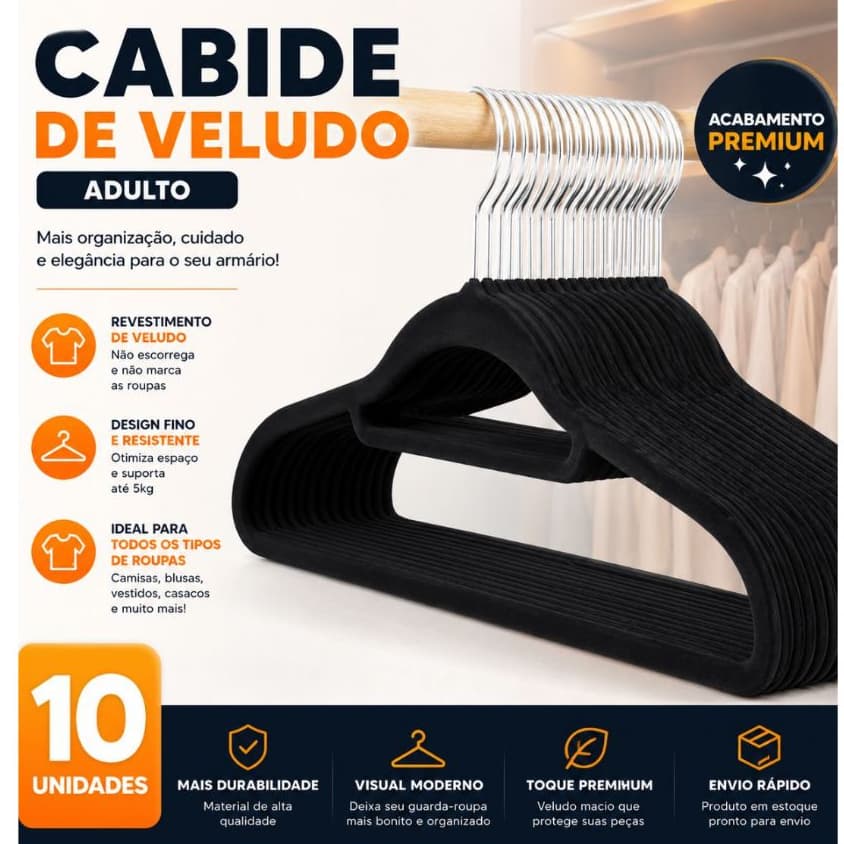 Kit 10 - 50 Cabides Veludo Para Roupas Anti-derrapante Adulto Unidades Resistente Organizador