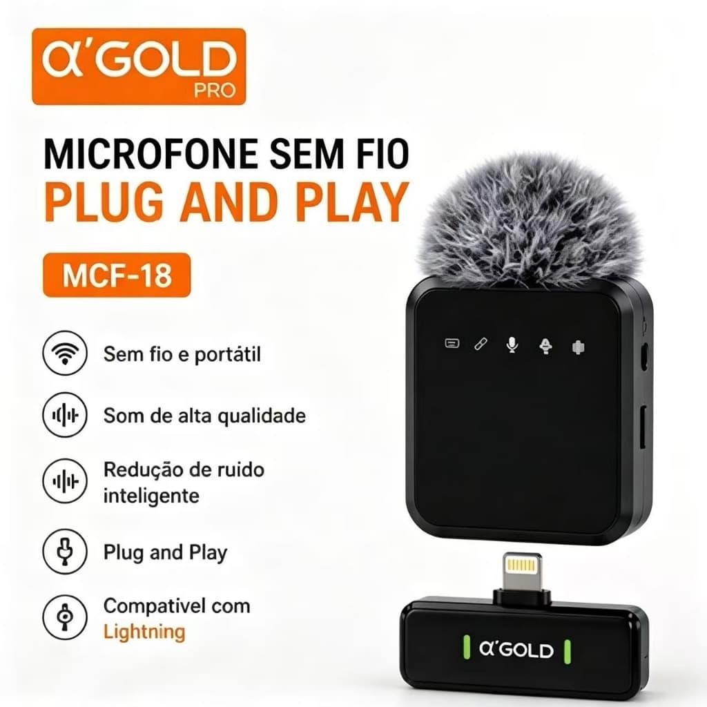Microfone de Lapela Sem Fio Duplo para iPhone Lightning e USB Tipo-C Alta Qualidade