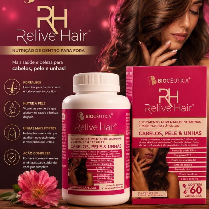 Relive Hair Biocêutica 60 Cápsulas – para Cabelos, Pele e Unhas