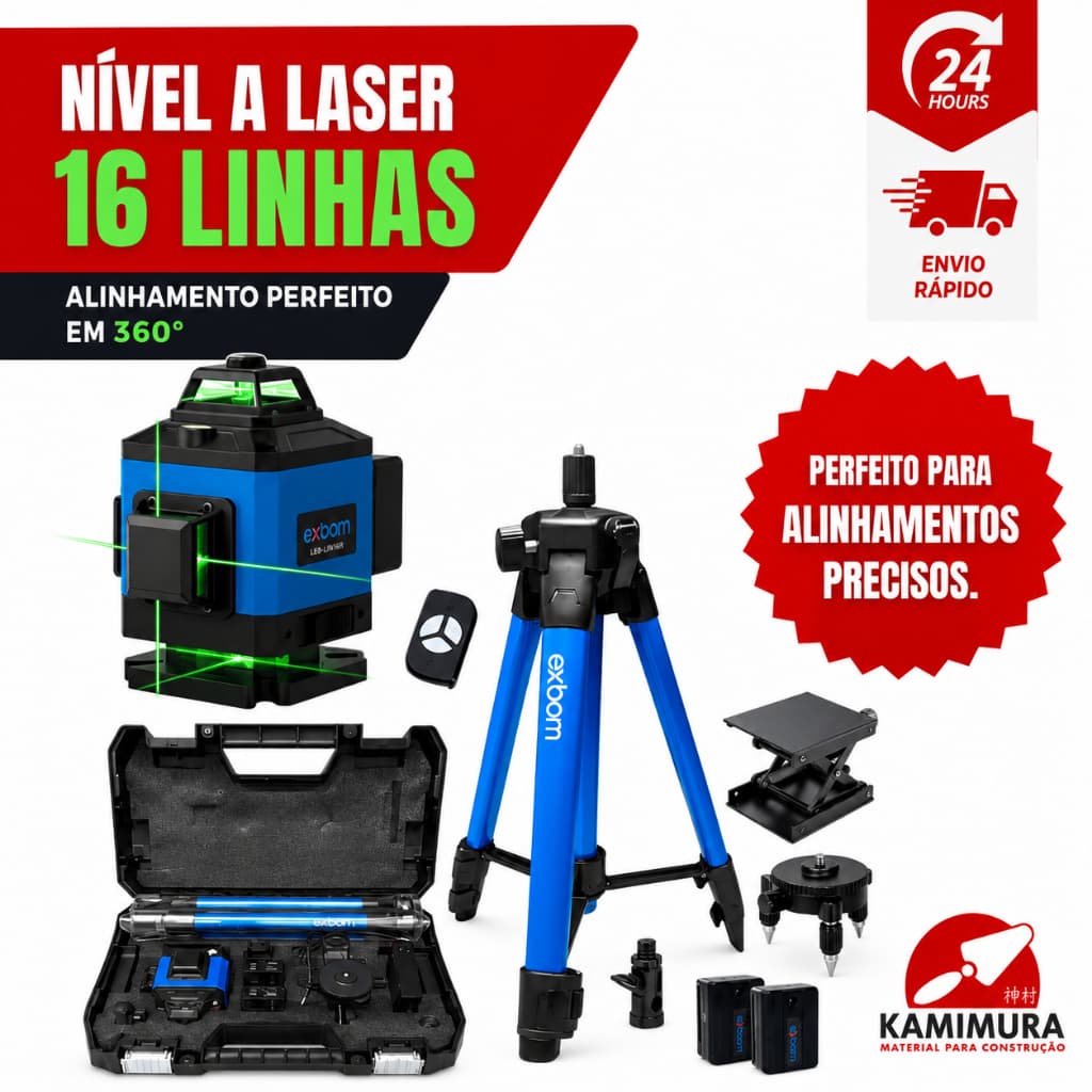 Nível Laser 16 Linhas + Tripé + Maleta 2 Baterias 360 Exbom