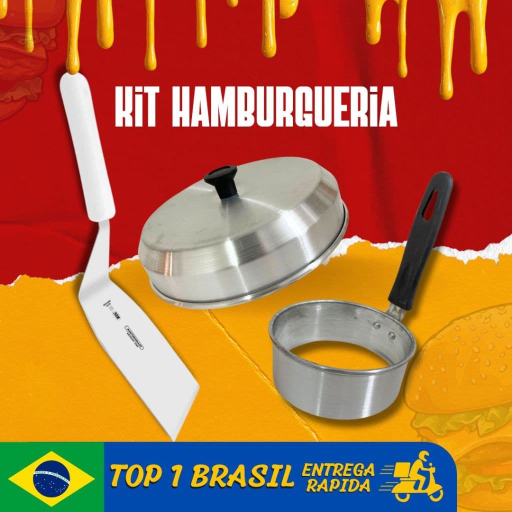 Kit Hamburgueria com espátula, modelador de ovo, abafador de hambúrguer.