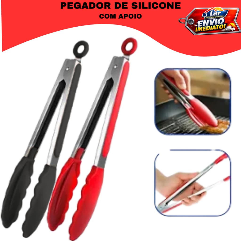 Pegador Silicone e Inox com Apoio Multiuso 27 CM Carne Salada Massas Buffet Cozinha Restaurante