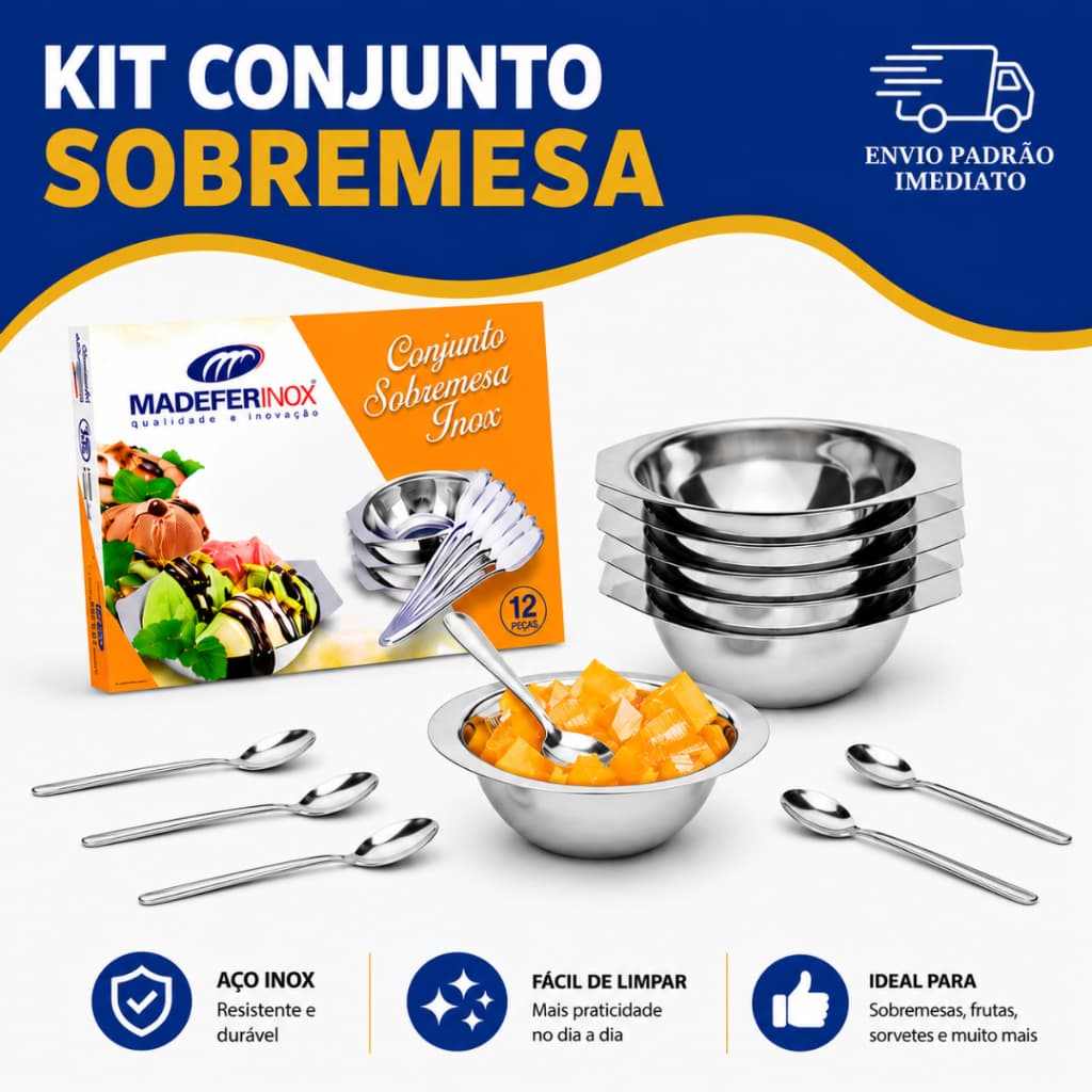 Conjunto sobremesa Kit 12 peças Em Inox Jogo Potes e Colherinhas 6 colher E 6 Potes