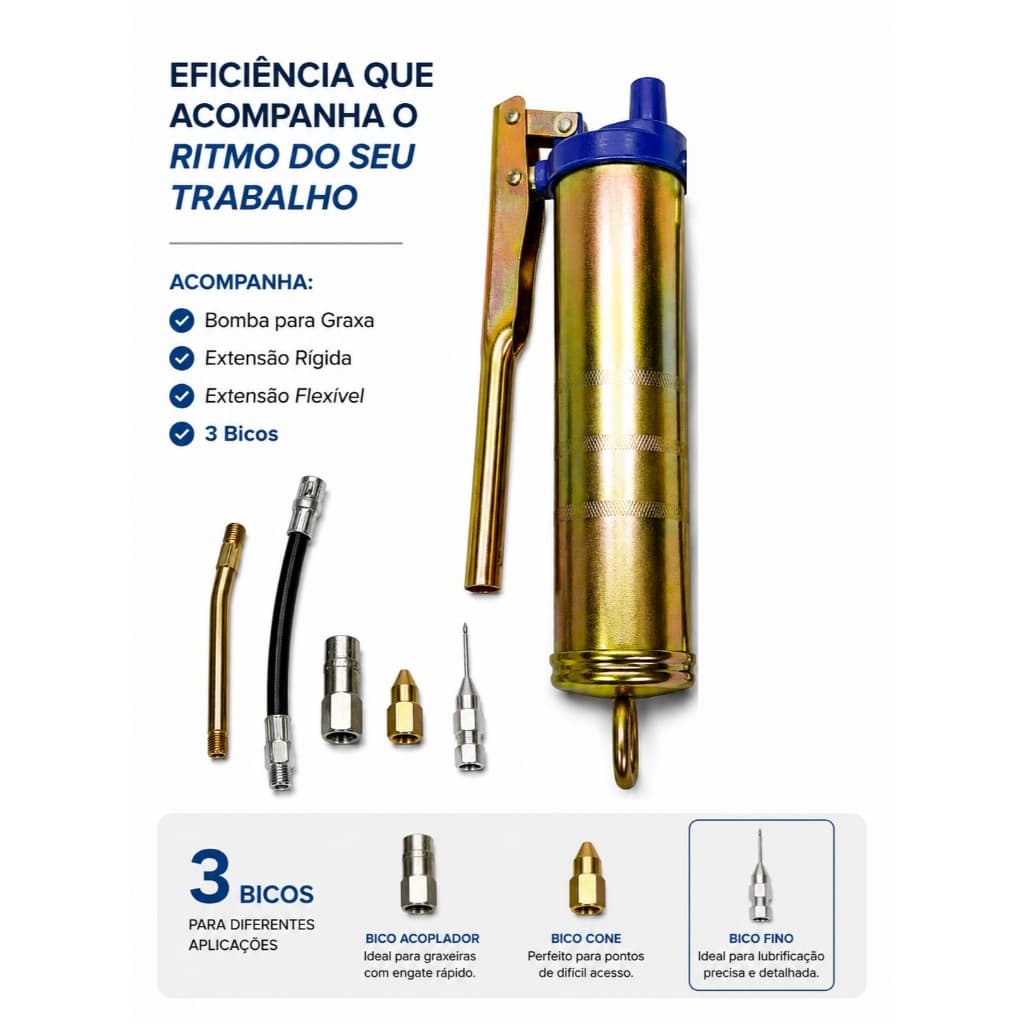 Kit Completo Bomba Manual Engraxadeira 400 Gramas C/ 2 Extensão + 3 Bicos