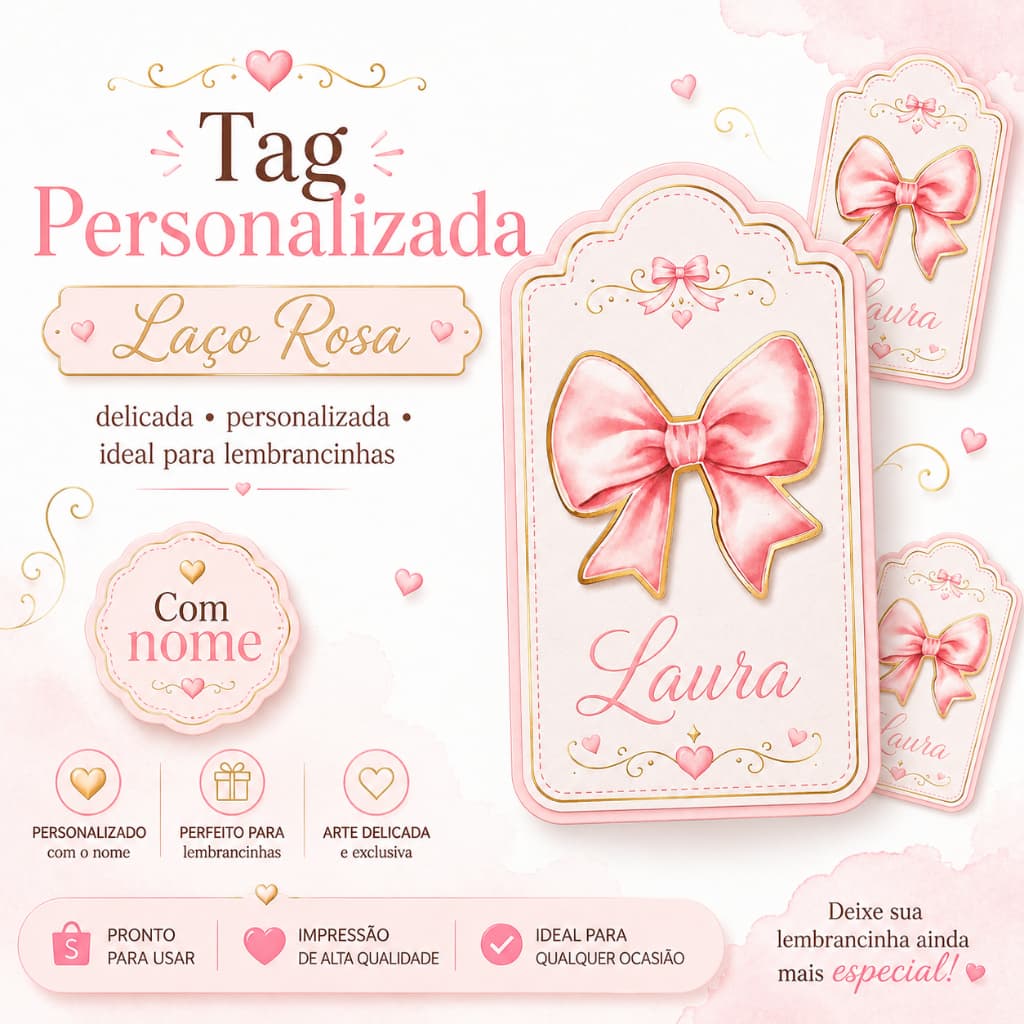 Tag Personalizada Laço Rosa – Tema Menina Delicada