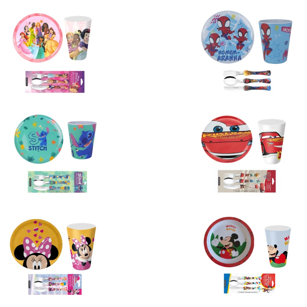 Kit Infantil Personagens 3 Peças | Prato Raso, Talheres e Copo