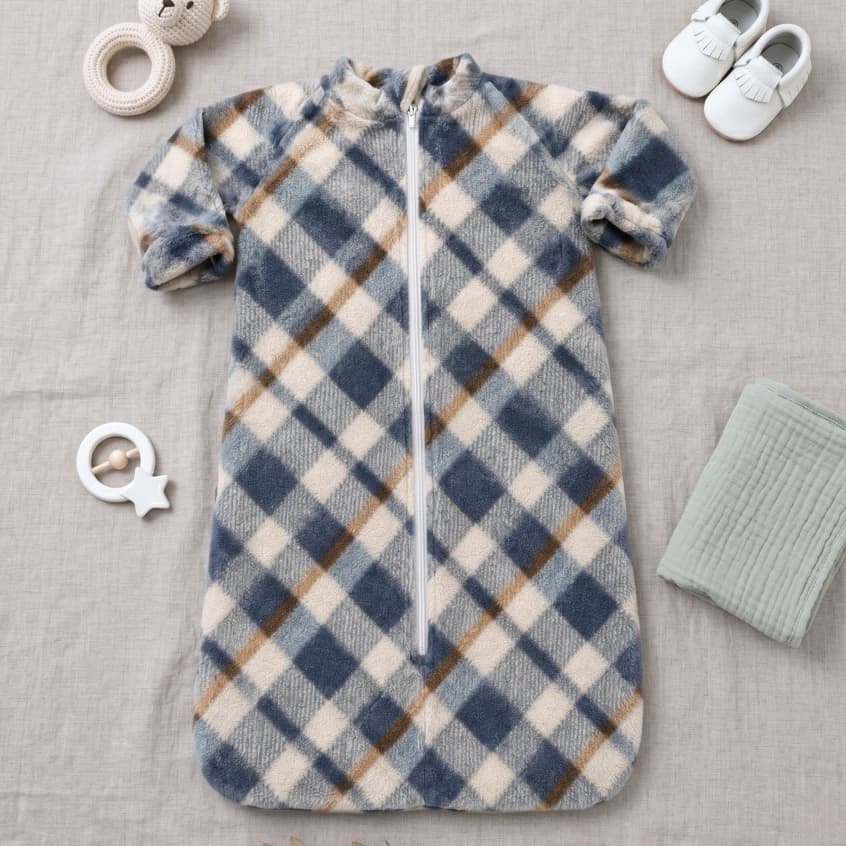 Macacão Manga Longa Saco de Dormir Bebê Menino Fleece Xadrez Zíper Quentinho Maternidade Luxo
