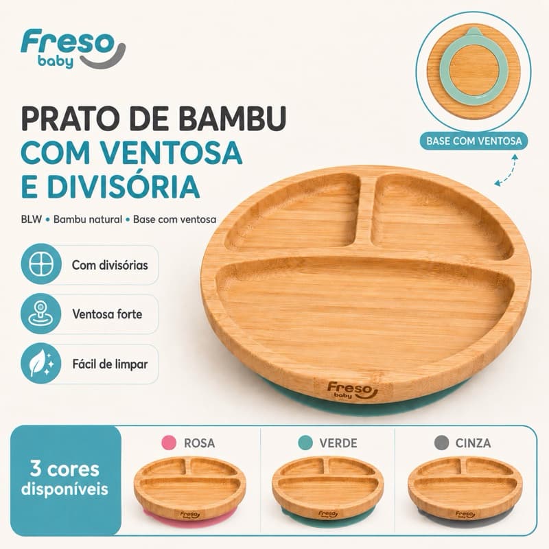 Prato Bambu Ventosa Divisória Freso Baby Refeição Infantil BLW Pratinho Introdução Alimentar