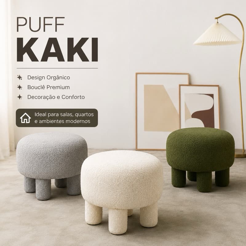 Puff Decorativo Kaki Bouclê Premium Redondo Design Orgânico Sala Quarto
