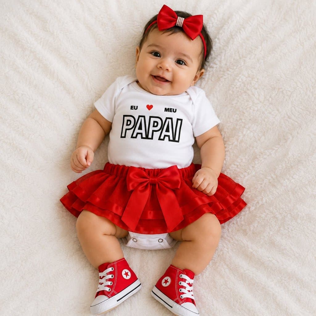 Kit Luxo Bebê Eu Amo Meu Papai Body Saia Tule Laço Tênis Presente Completo Dia Dos Pais