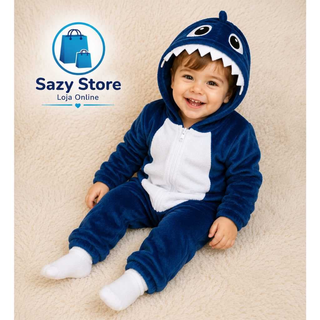 Kigurumi Tubarão Bebê Macacão Plush Quentinho Fantasia Infantil Unissex com Capuz