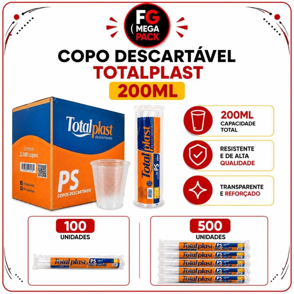 Copo Descartável PS 200ml Totalplast Transparente Para Água Refrigerante Festa e Uso Comercial