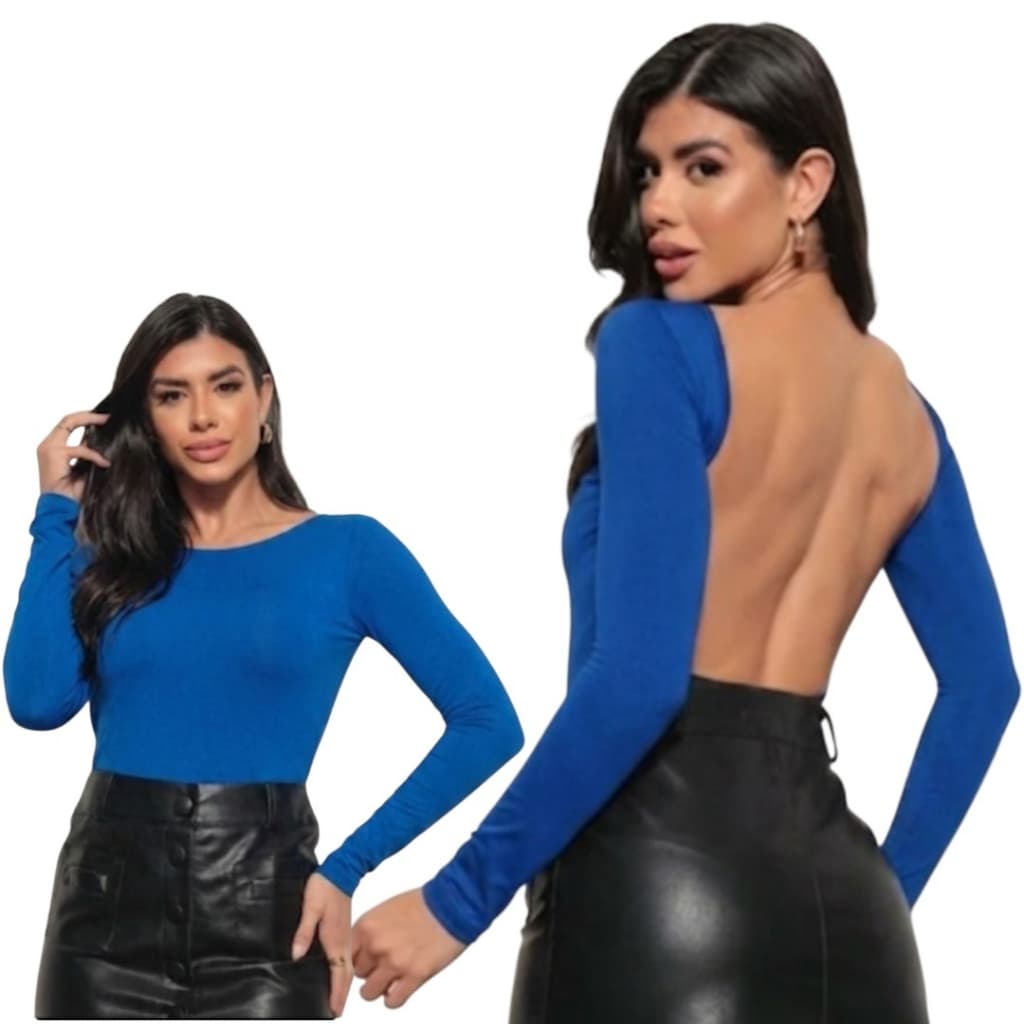 Body Feminino Costas Nua Collant Manga Longa Segunda Pele Aberto Suplex Elegante Moda Blogueira Verão