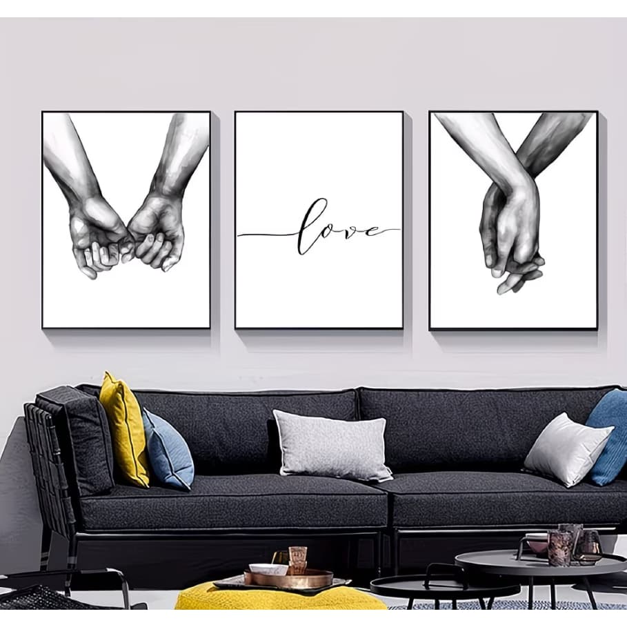 Quadros Decorativos quadro cama casal Impressão Minimalista de Arte em Linha a Preto e Branco com Amor e Mãos