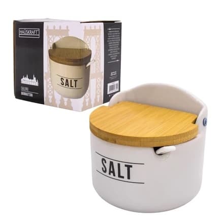 Saleiro De Porcelana Manhattan Branco Mesa Com Colher Tampa De Bambu 290g