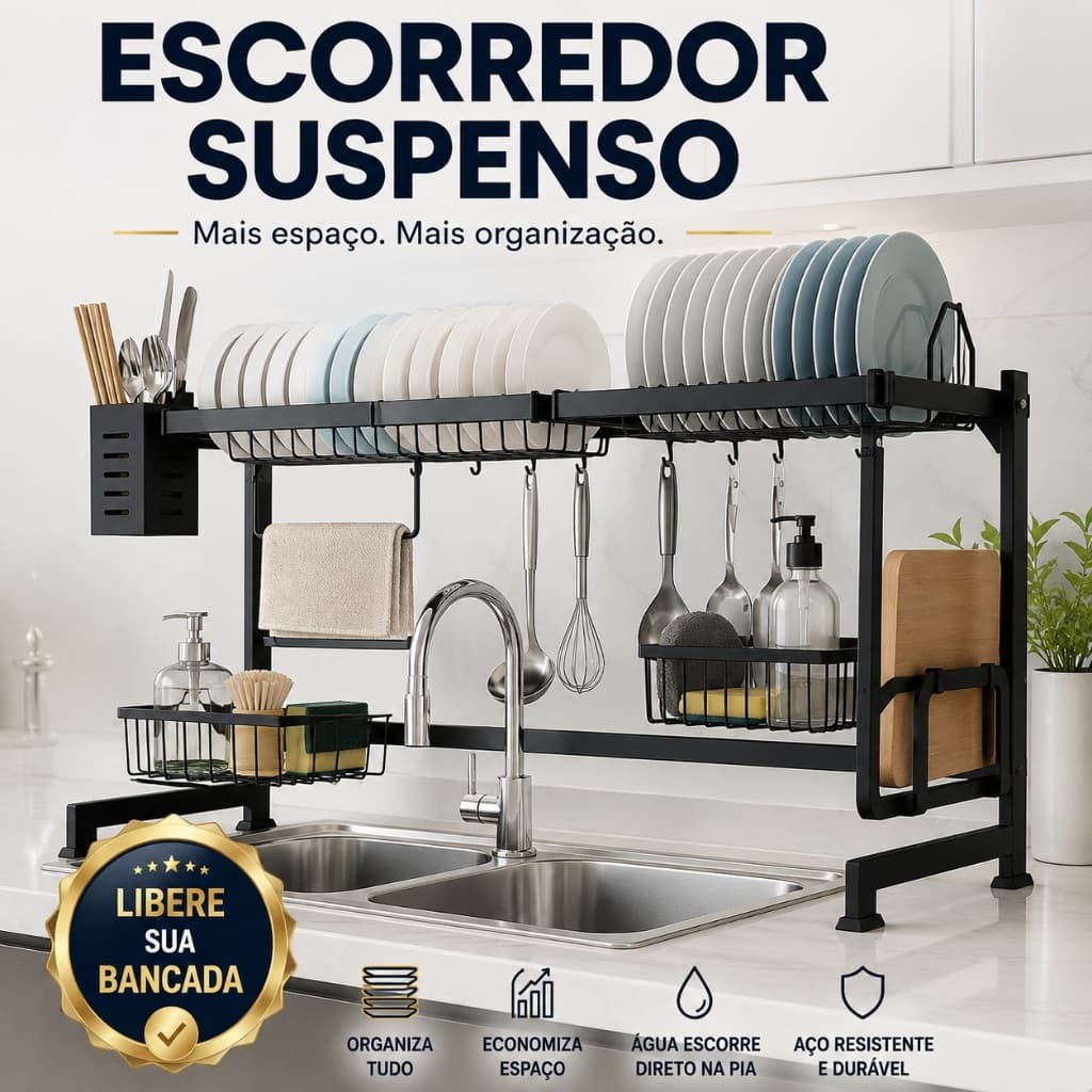 Escorredor de Louça Suspenso para Pia Preto Fosco Organizador de Cozinha Premium