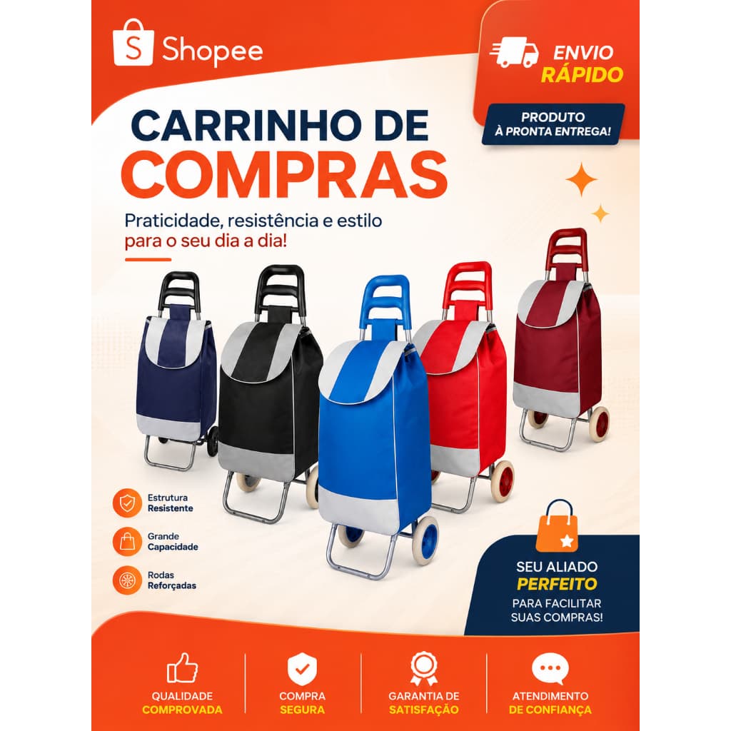 Carrinho de Feira Dobrável Reforçado com Rodas e Sacola para Compras – Várias Cores