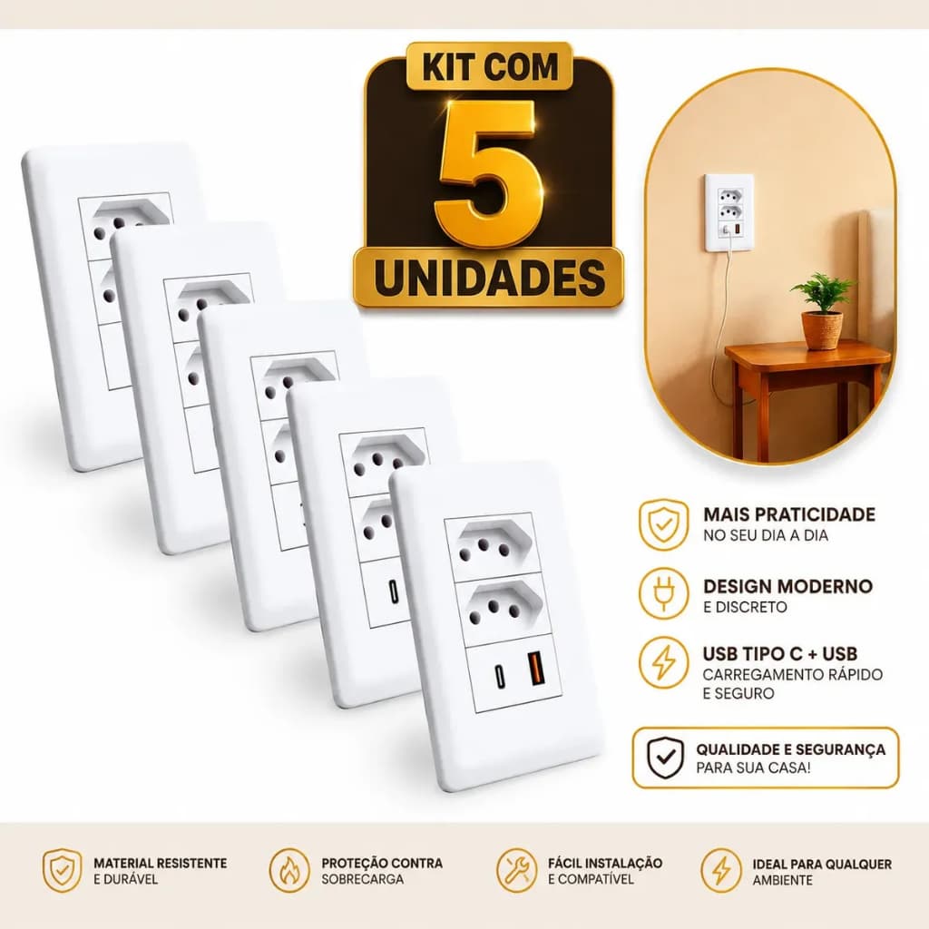 Tomada e Interruptor Branco 4x2 Modular 10A Embutir Simples USB Linha Completa