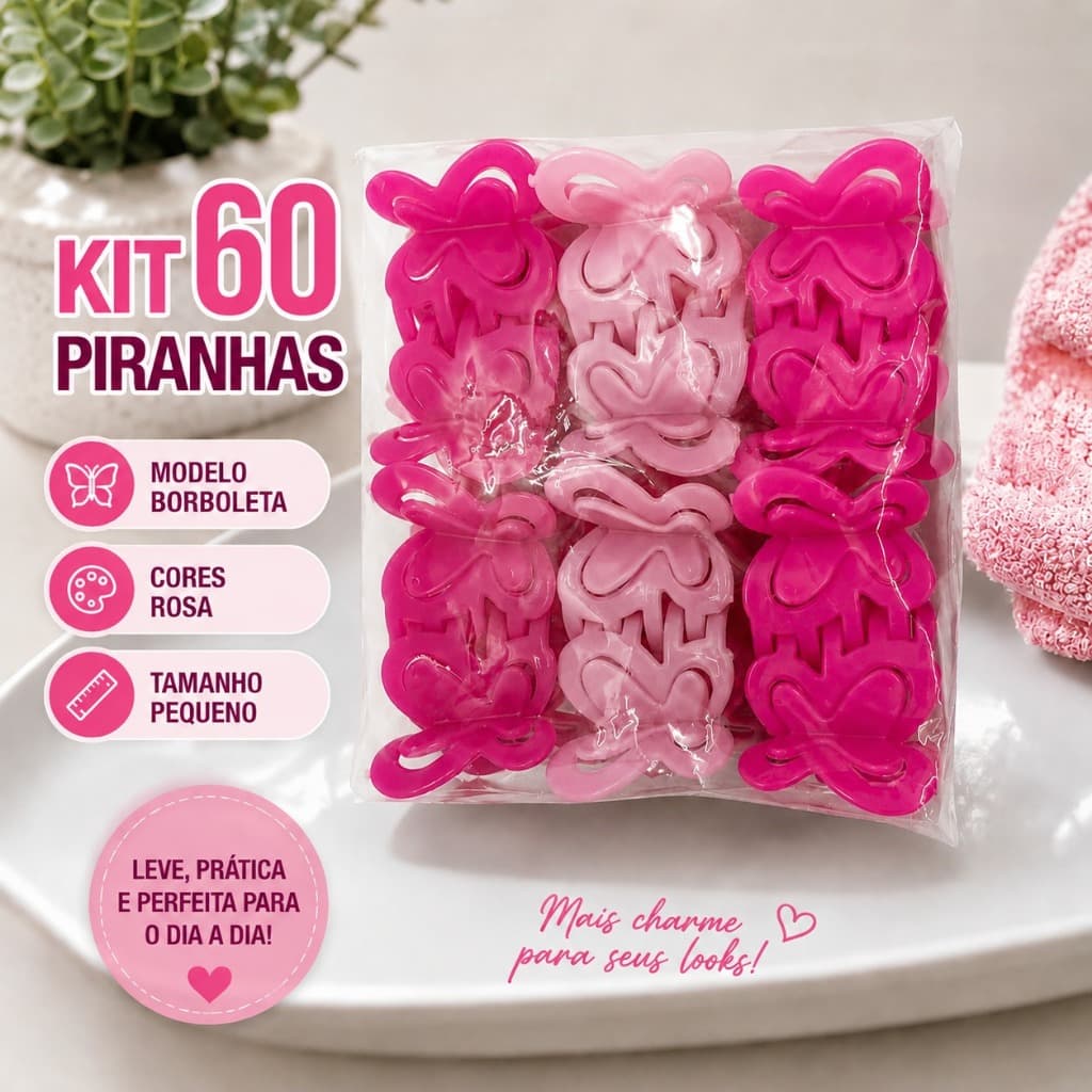 Kit 60 Presilhas Borboleta Pequenas Cabelo Rosa Colorida Piranha Resistentes Prendedor Outubro Rosa
