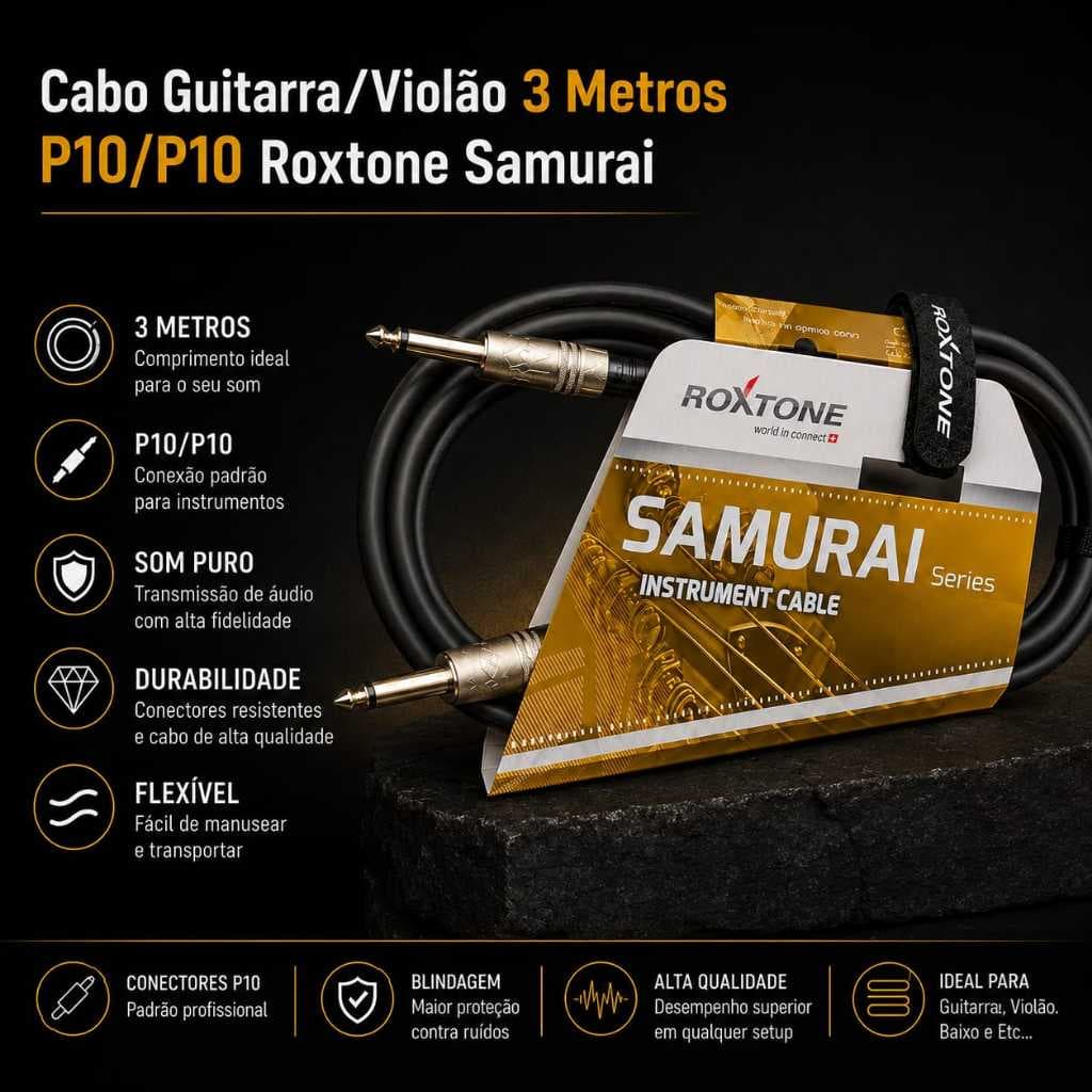 Cabo Guitarra/Violão 3 Metros P10/P10 Roxtone Samurai
