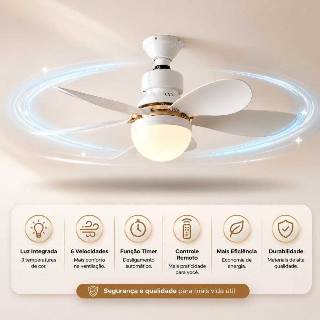 Ventilador de Teto Silencioso com Lâmpada Led Bulbo 60w Controle BF BQ Bivolt 5 Pás 06 hélices