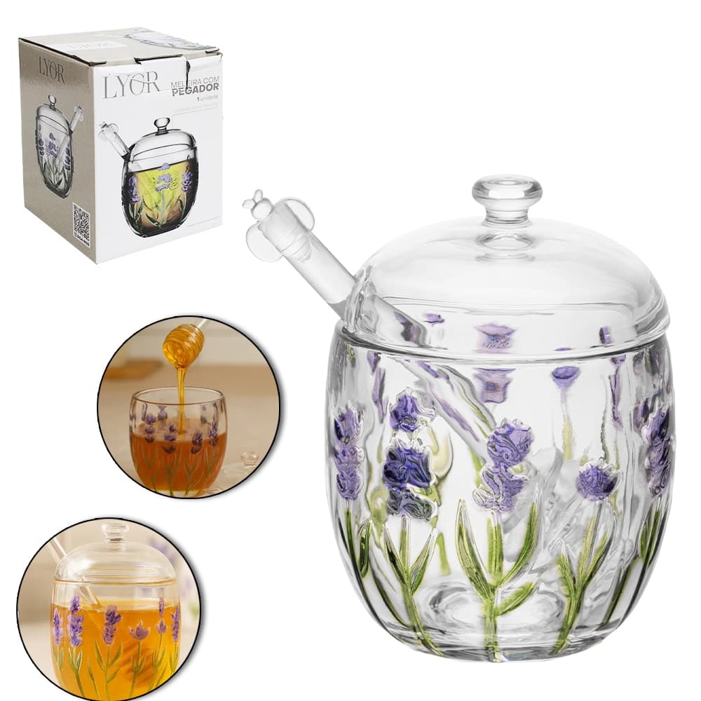 PORTA MEL / MELEIRA DE VIDRO CRISTAL LAVANDA HAND PAINTING COM TAMPA + PEGADOR DE ACRILICO 210ML 11X8,5CM DE