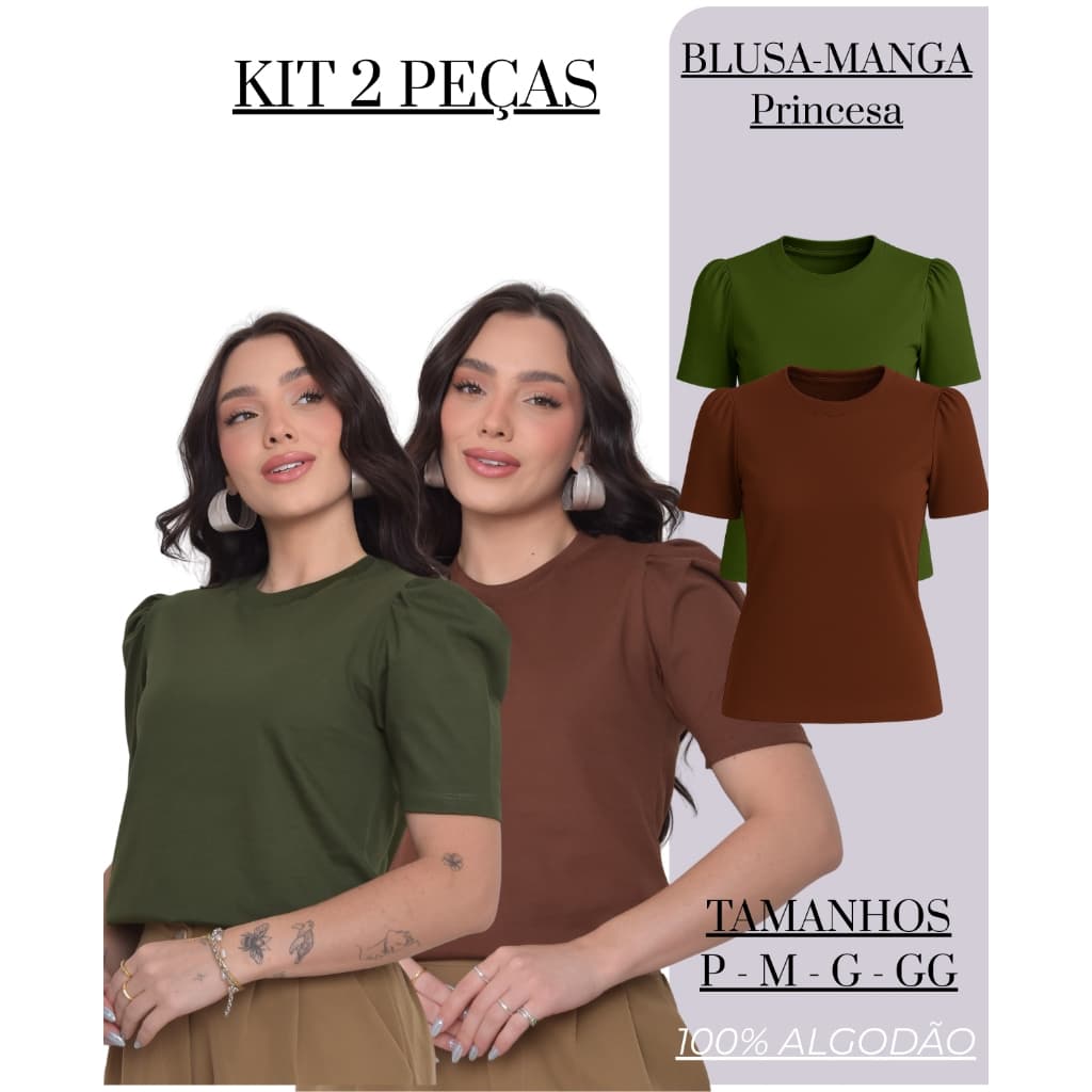 Kits 2 Blusa Princesa manga bufante lisa 100% algodão premium T shirt blusinha feminina elegante