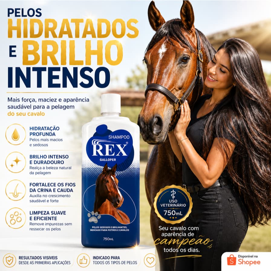 Shampoo para Cavalo REX Galloper 750ml | Pelos Hidratados, Brilho Intenso e Crina Forte