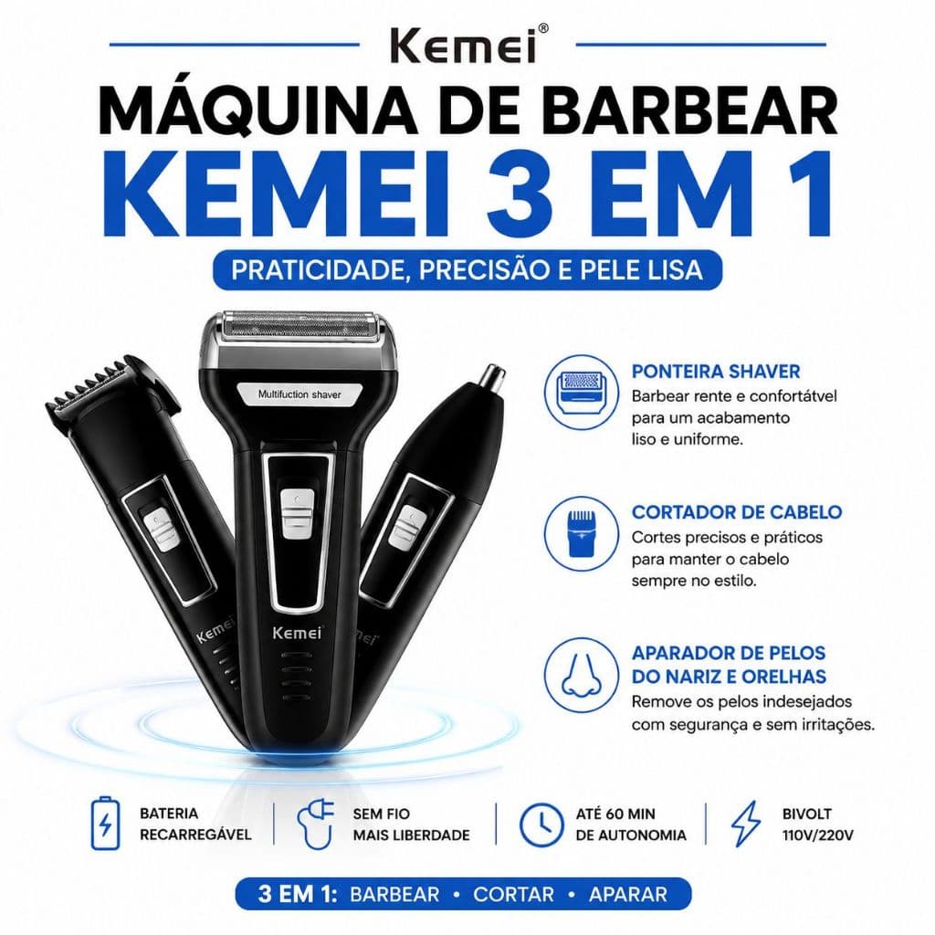 Máquina de Barbear Kemei 3 em 1 Barbeador Elétrico Aparador Nariz Cortador de Cabelo Recarregável