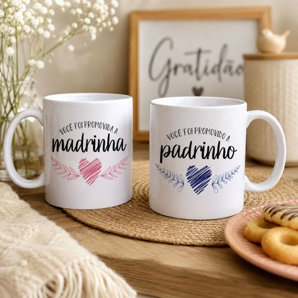 Kit Jogo Com 12 Canecas De 310ml De Porcelana Decorada Sendo 6 Padrinho E 6 Madrinha Para Casamento