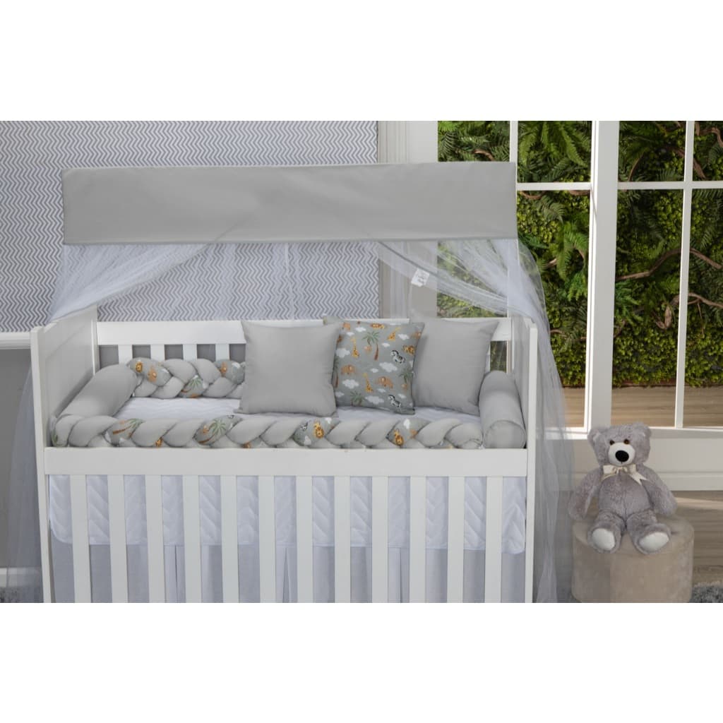 Kit Para Berço Trança Bichinhos Safari Floresta Cinza 11 Peças 100% Algodão