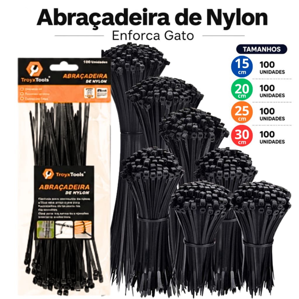 Kit 100 Abraçadeiras de Nylon Branca/Preta Enforca Gato Fita Tipo Hellerman Varios Tamanhos