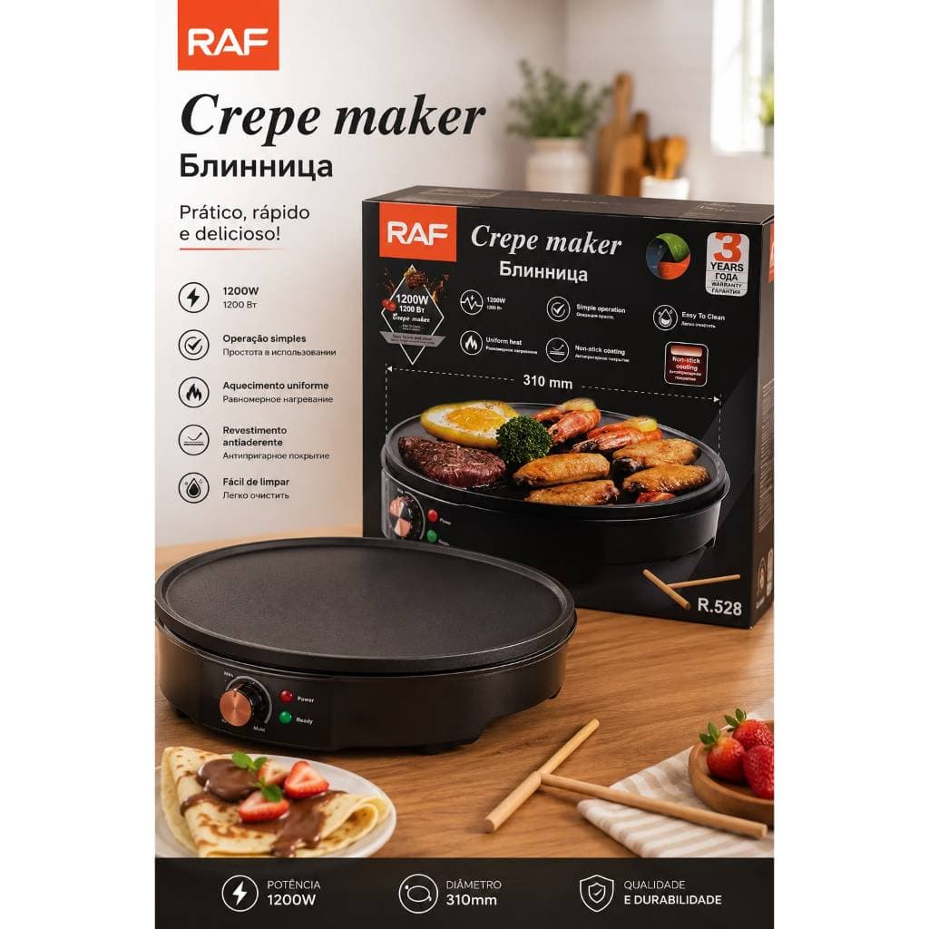 Crepeira Elétrica RAF 1200W Antiaderente 31cm Máquina de Crepe Panqueca Tapioca Bolo no Palito