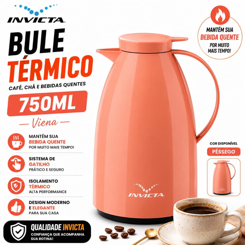 Bule Térmico Garrafa De Café Chá Com Gatilho 750ml Viena Cor Pessego Casa Cozinha decoração Invicta