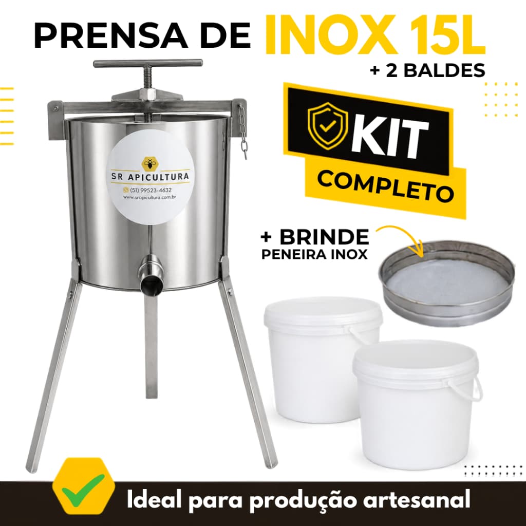 Prensa Completa Manual Inox 15L Banha Torresmo Toucinho Frutas Favo Mel Espremedor 2x Balde Peneira