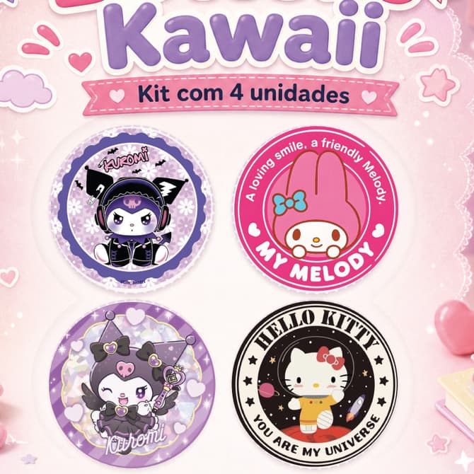 Kit 4 Bottons Hello Kitty kuromy my melody Broche Escolar Mochila Bolsa Presente personalizado