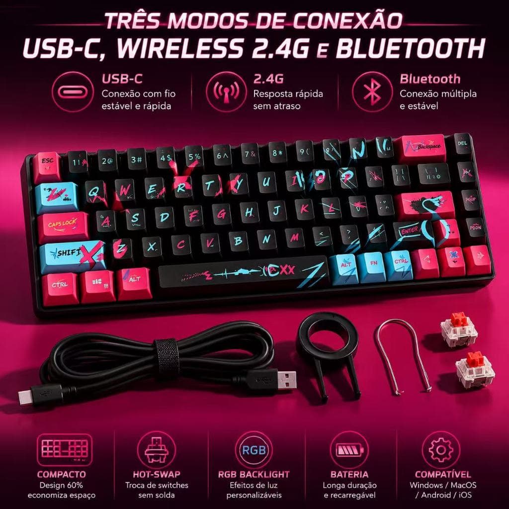 Teclado Mecânico Gamer 60% Sem Fio Rgb Switch Vermelho Abnt2 Bluetooth 2.4G USB-C  Jogos Português