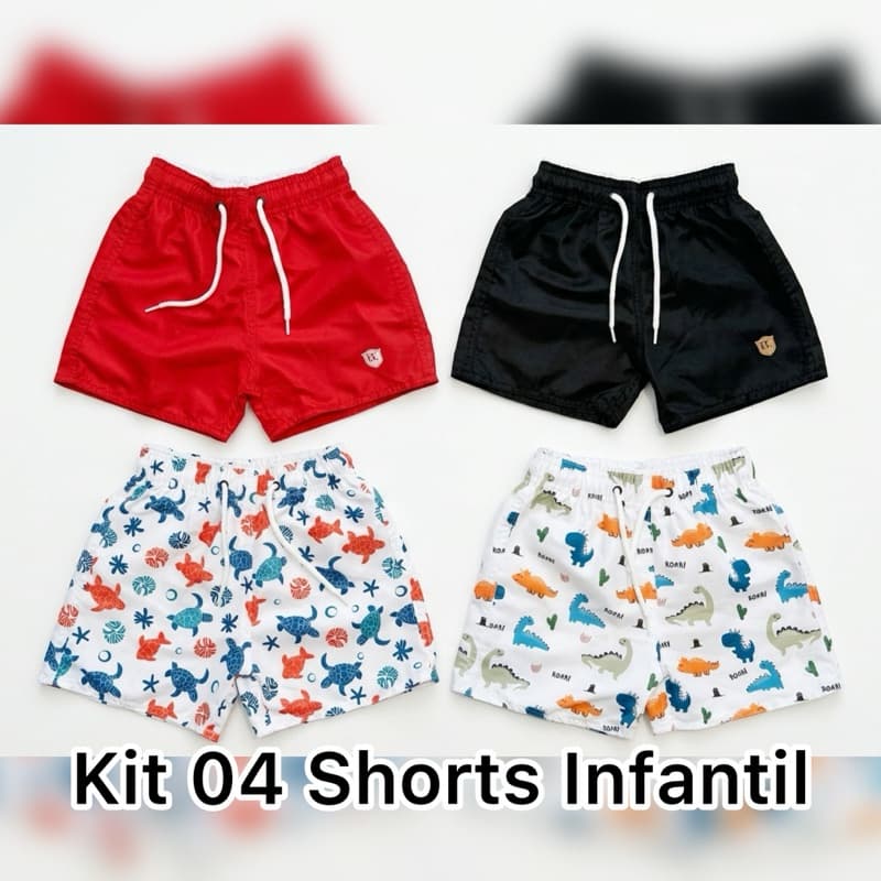 Kit 04 Shorts Tactel Estampas Bermudas Shorts Tactel Infantil Juvenil 1 a 12 Anos Estampadas  Praia Piscina Confortravel