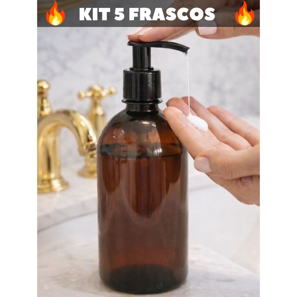 kit 5 Frascos Saboneteira 500ml Âmbar com Válvula  Porta Shampoo Condicionador e Sabonete Dispensador Dispenser Banheiro