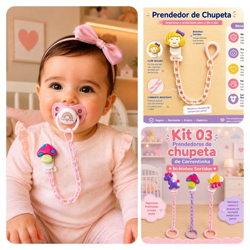 Kit 03 Prendedor de Chupeta Bebê Infantil Correntinha Bichinhos Sortidos Oferta