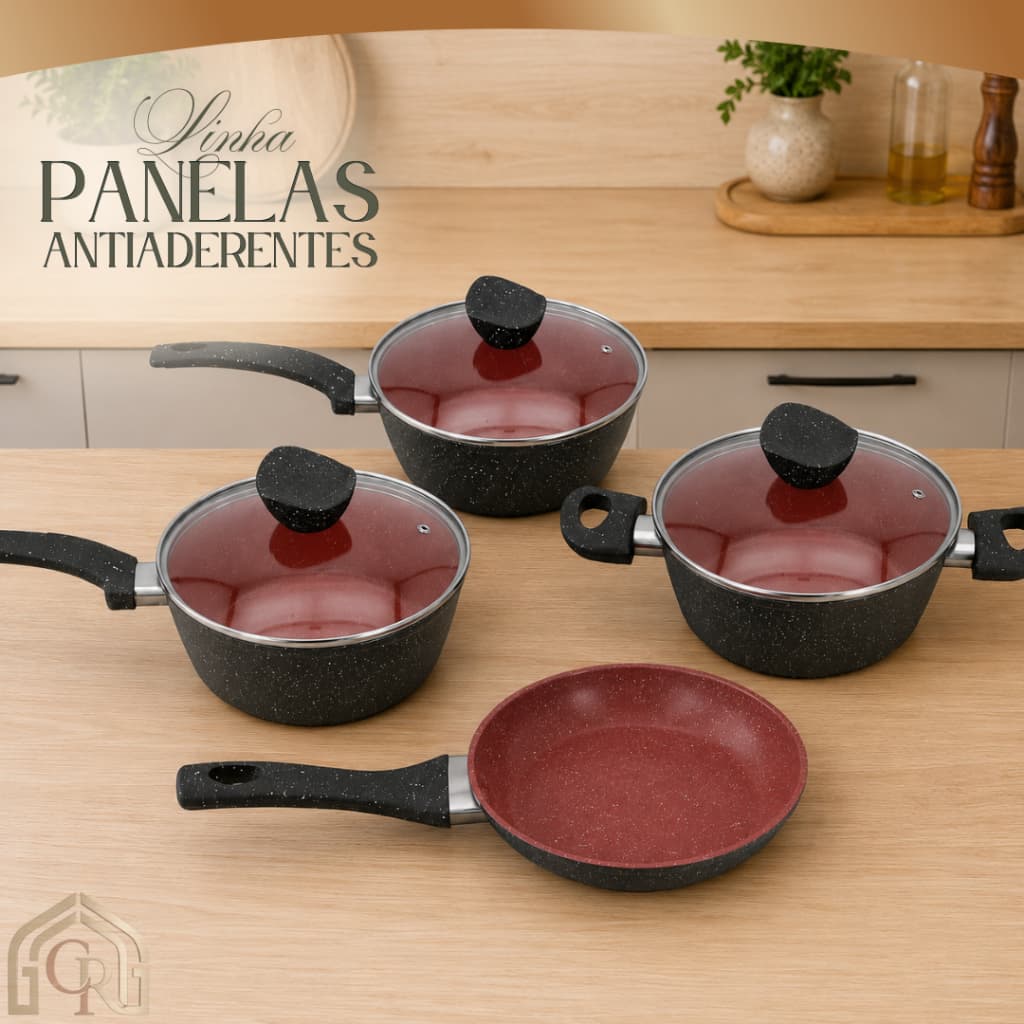 Conjunto Panelas Antiaderente Tampa Vidro 4 Pecas Preto Vermelho Cozinha Pratica