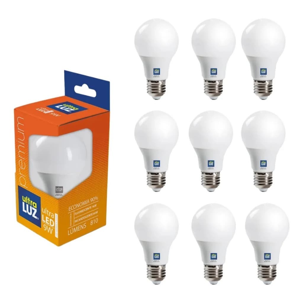 Kit 10 Lâmpadas LED Bulbo 9W E27 6500K Branco Frio Bivolt Ultraluz