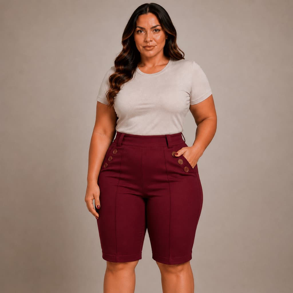 Bermuda Plus Size Feminino Tecido Bengaline 6 Botões Social Cintura Alta Alfaiataria 42 ao 52