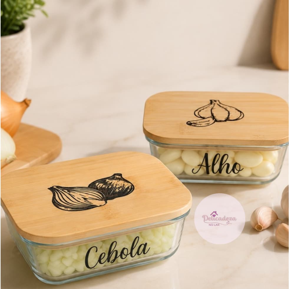 Pote Hermético para Alho ou Cebola - Vidro/ Tampa de Bambu - Personalizados - 370ML